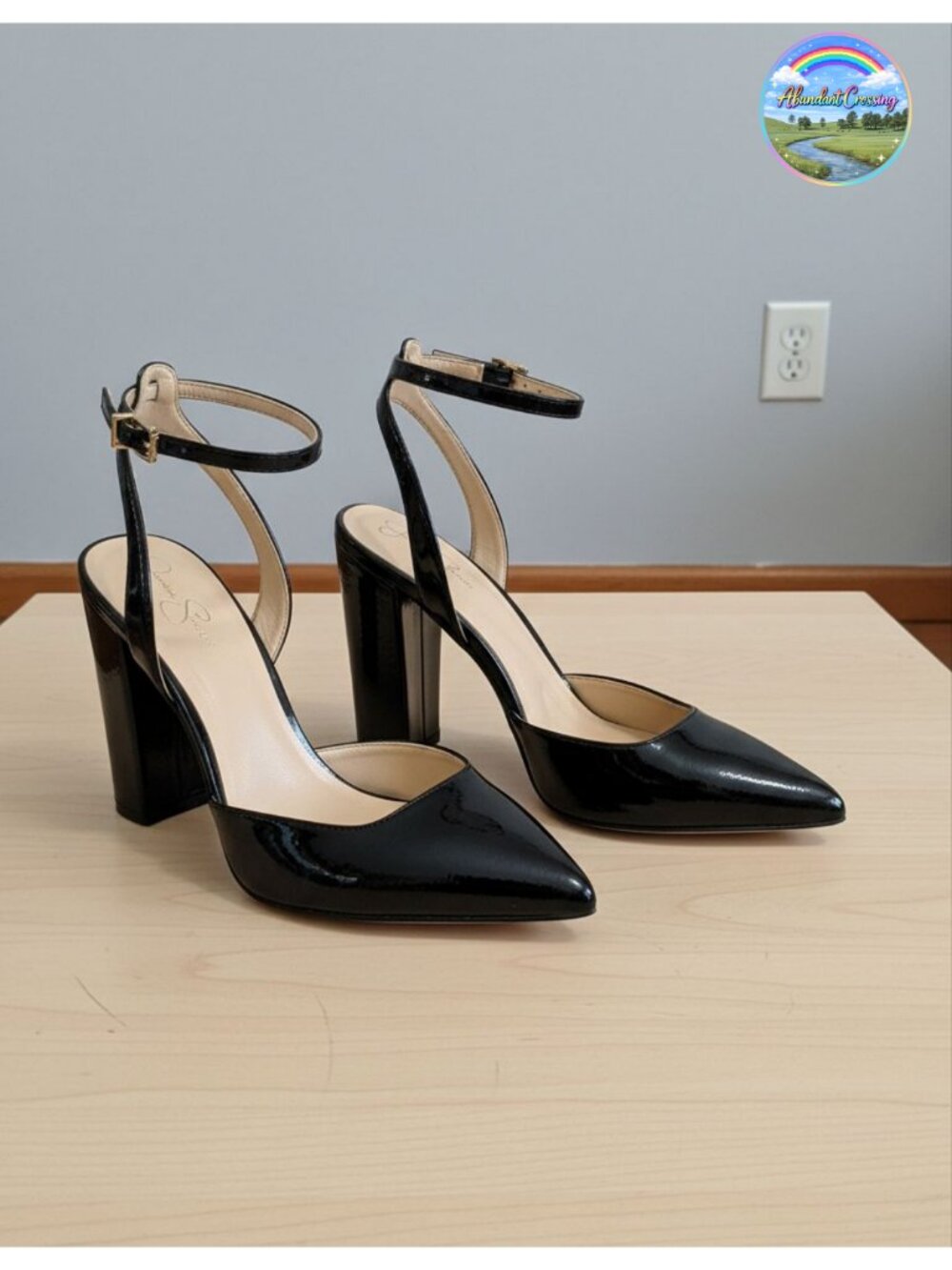 Pointed Toe Block Heel Pump Faux Leather Ankle Strap Formal